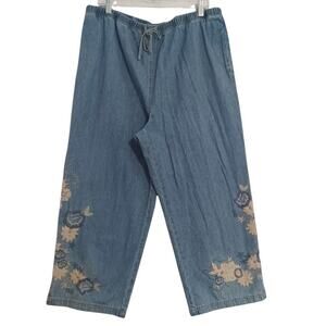 J. Jill Blue Cropped Pants with Floral Embroidery